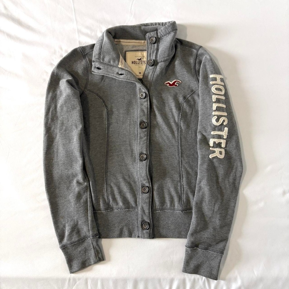 Hollister Mock Neck Button Up Sweatshirt Women Medium Grey Y2K Spellout Jacket